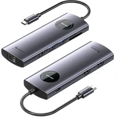 USB-C Docking Station Vention TQVHB 2xHDMI 4K 3xUSB RJ45 SD/TF 100W PD Grau