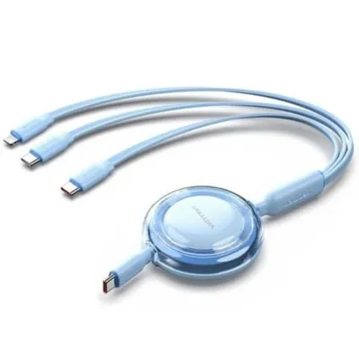 Kabel USB Type-C 3 in 1 Vention Retraktiver 100W 480Mbps 1.1m Blau