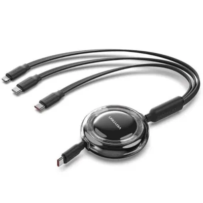 USB-C Kabel Vention Einziehbar 3-in-1 100W 480Mbps 1,1m Schwarz