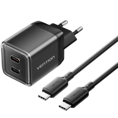 Wandladegerät GaN Vention 2xUSB-C 45W + USB-C Kabel 1m Schwarz