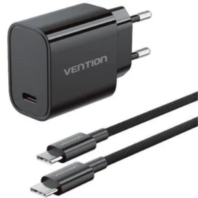 Wandladegerät GaN Vention 30W USB-C mit 1m Kabel Schwarz
