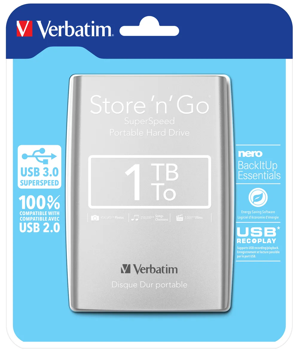 Externe Festplatte Verbatim Store 'n' Go 1 TB USB 3.2 Gen 1 Silber
