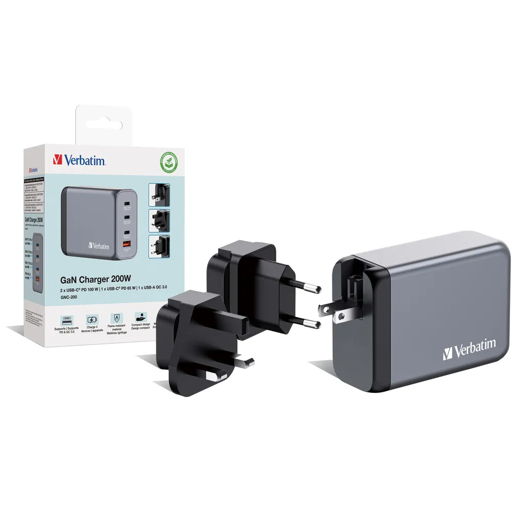 GNC-200 Universal GaN-Ladegerät, 200 W, USB-C, USB-A, Schwarz/Grau