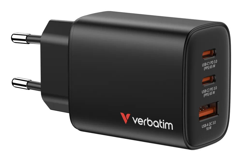 Ladegerät Verbatim 32352 GaN 65W 2x USB-C 1x USB-A Schnellladung Schwarz