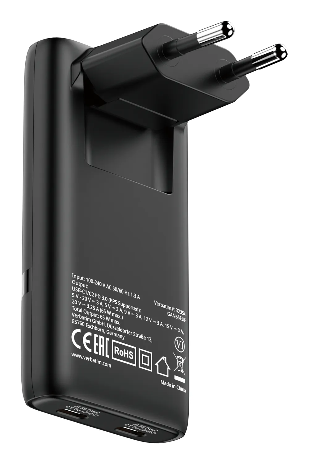 Ladegerät Verbatim 32354 65W Power Delivery 2x USB-C GaN Schwarz