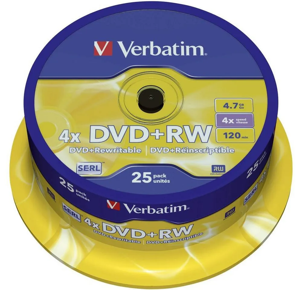 Verbatim DVD-Rohling DVD+RW 4.7 GB 4x 25er Spindel 43489, Wiederbeschreibbar
