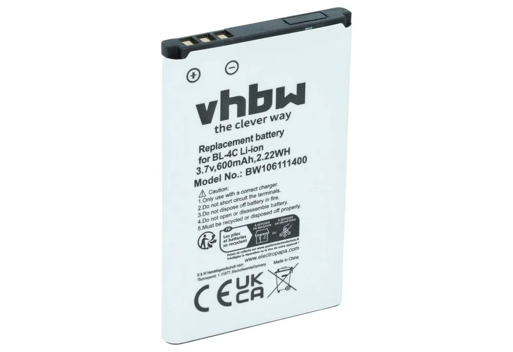 vhbw Akku Ersatz für Nokia BL-4C für Mobilfunk (600 mAh, 3,7 V, Li-Ion) Smartphone-Akku Akku Li-Ion 600 mAh (3,7 V, 1 St), Leistungsfähiger Austausch-Akku für Telefon, Smartphone