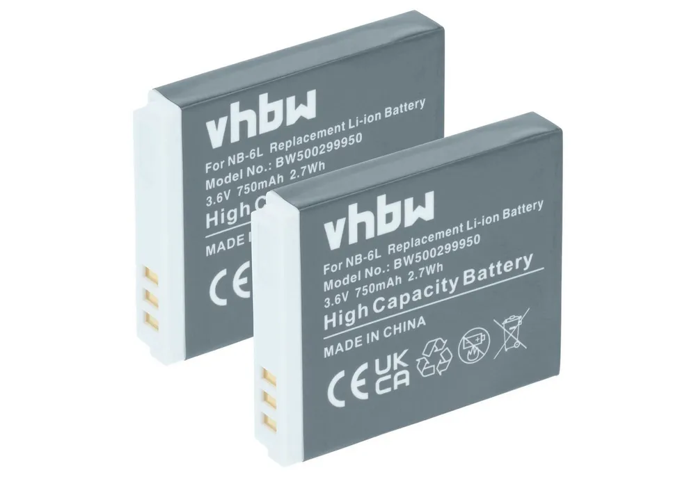 vhbw Akku passend für Canon PowerShot S90, SD770is, SX240 HS, D10, S95, Kamera-Akku Akku Li-Ion 750 mAh (3,6 V, 2 St), Leistungsfähige Austausch-Akkus für Digitalkamera, Spiegelreflexkamera