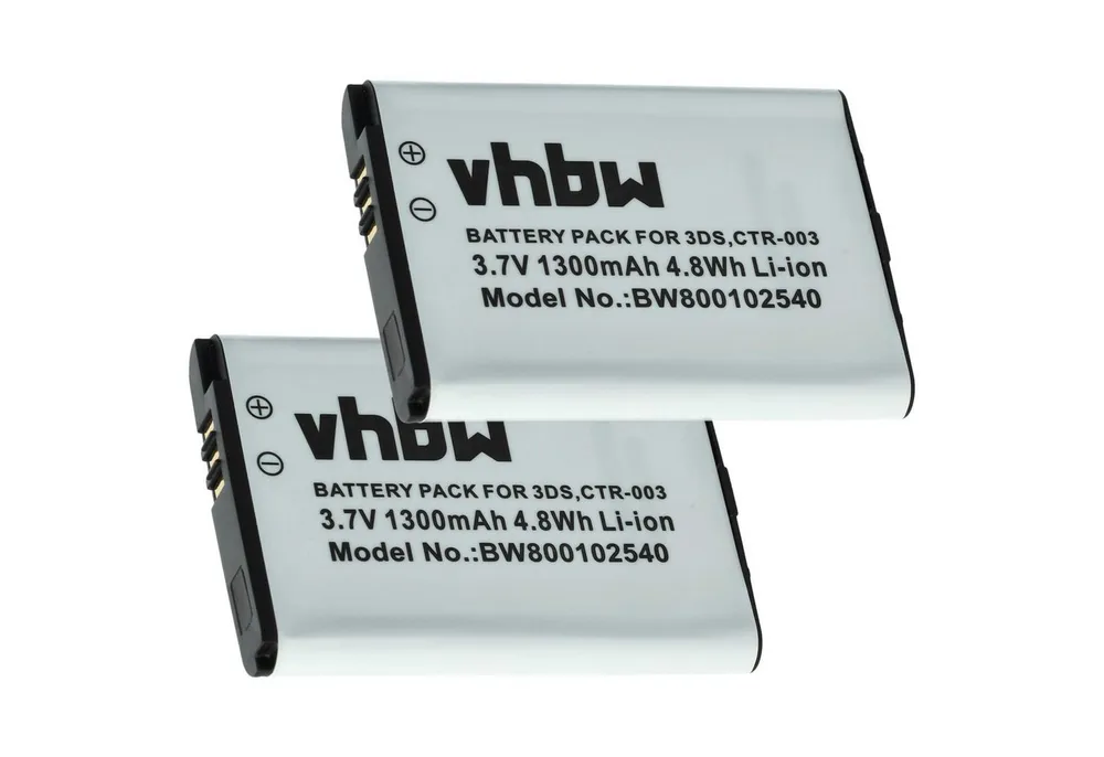 vhbw Akku passend für Nintendo 2DS, 3DS (CTR-001), New 2DS XL (JAN-001), Akku Akku Li-Ion 1300 mAh (3,7 V, 2 St), Leistungsfähige Austausch-Akkus für Spielkonsole, Wiederaufladbar