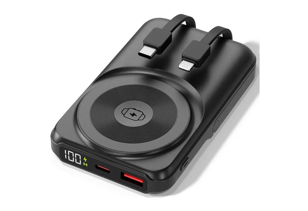 VIESTA ALL-IN-ONE Powerbank 10.000 mAh Schwarz Powerbank, Apple Watch Charger,integrierte Kabel USB-C & Lightning,LED-Display