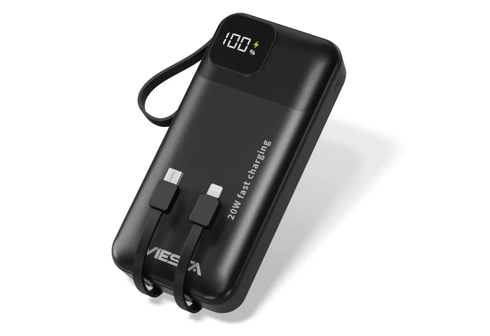 VIESTA Powerbank 20.000 mAh Schwarz 22,5 W Powerbank, Lightning LCD-Display Prozentanzeige LED-Taschenlampe Trageschlaufe