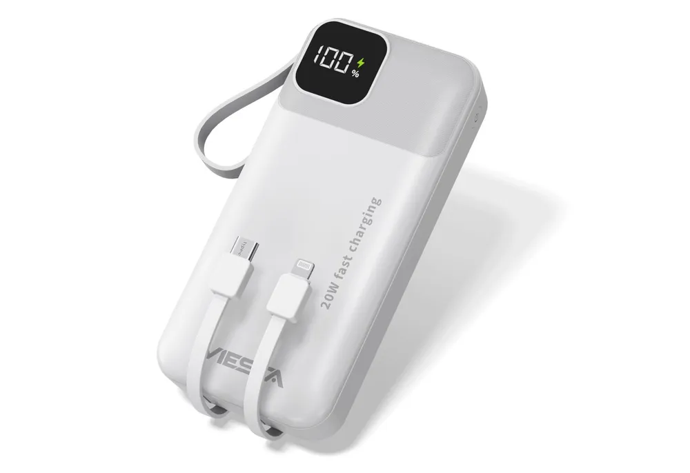 VIESTA Powerbank 20.000 mAh Weiß 22,5 W Powerbank, Lightning LCD-Display Prozentanzeige LED-Taschenlampe Trageschlaufe