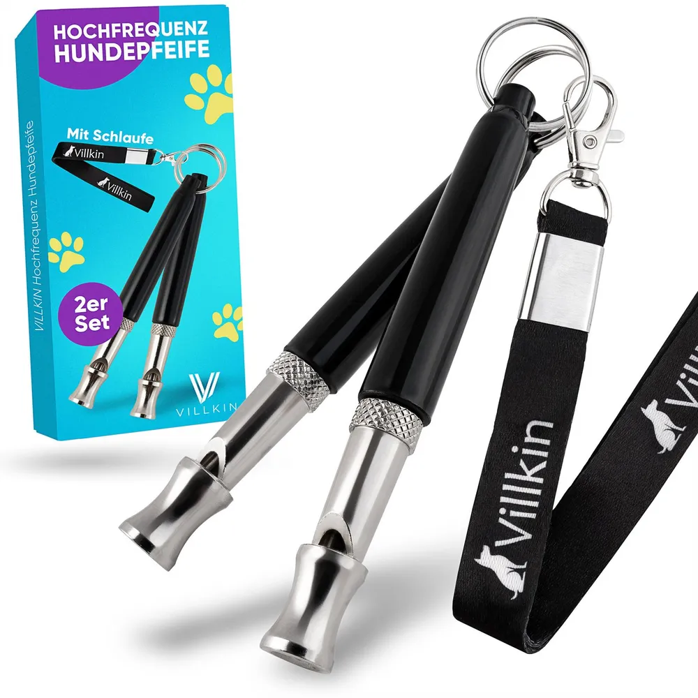 Villkin Hundepfeife, Trainingspfeife, Signalpfeife, Tierpfeife, Hochfrequenzpfeife, (2-St), 2 Hundepfeifen, 1 Halsband