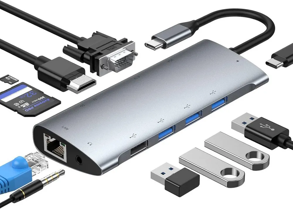 Vivitar 11-in-1-USB-C-Hub mit 4K-HDMI, VGA, 100-W-Stromversorgung, 3x USB 3.0 USB-Adapter USB-C zu USB-C, 14.9 cm, USB 2.0, RJ45 Gigabit-Ethernet, SD/TF-Kartenleser und 3,5-mm-Audio