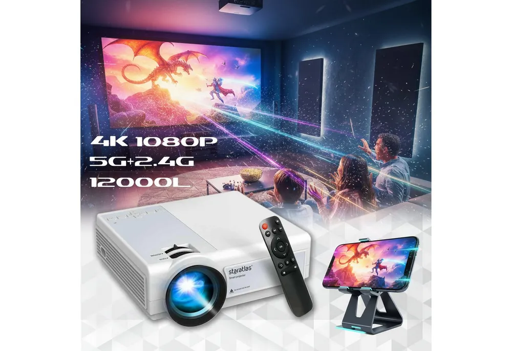 Vivitar 12000 Lumen Full HD 1080P Mini-Projektor mit 4K-Unterstützung, 5G WiFi Portabler Projektor (4K px, Bluetooth 5.1, zwei Stereolautsprechern und 300-Zoll-Display)