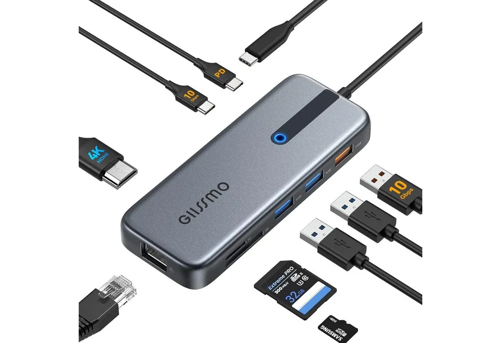 Vivitar 9-in-1-USB-C-Hub-Dockingstation mit 4K@60Hz-HDMI, 100W Power Delivery, USB-Adapter Hochgeschwindigkeits-Datenübertragung, Schnellladen, stabile Netzwerkverbindung zu Multiport-Adapter für MacBook Pro, Air, M1, M2, Dell, HP, Lenovo, Windows-Laptops und USB-C-Geräte, RJ45-Gigabit-Ethernet (1000 Mbit/s), USB-C 3.2 Gen 2 (10 Gbit/s)