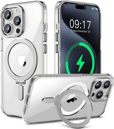 Vivitar Handyhülle iPhone 15 Pro Hülle mit MagSafe und Integriertem 9H Kameraschutz 15,5 cm (6,1 Zoll), 360° Magnet Ringständer, MagSafe kompatibel, Transparent und Dünn