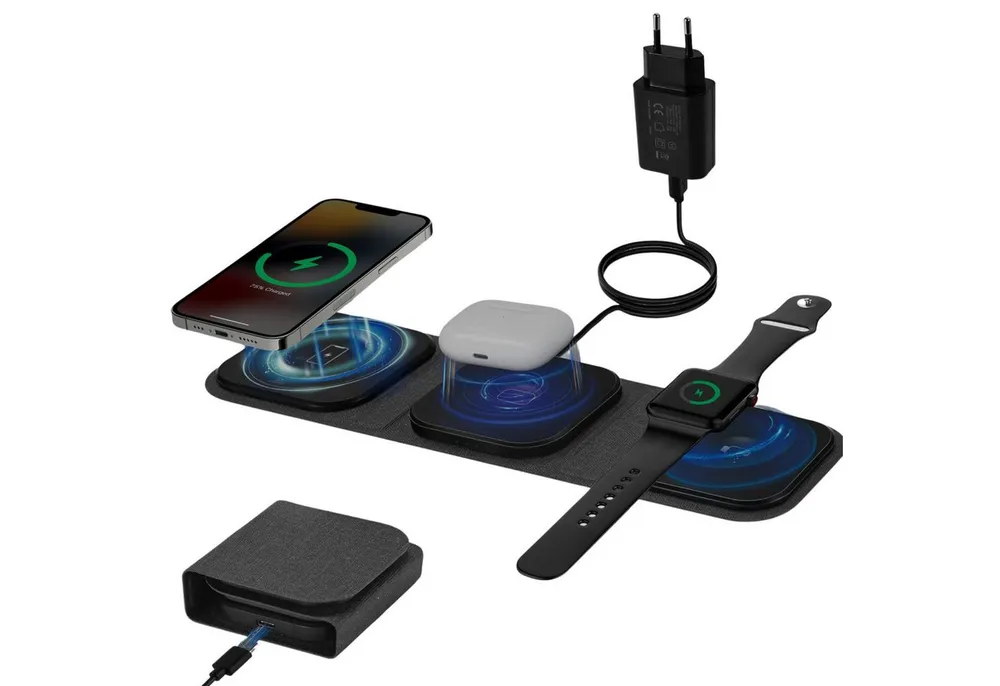 Vivitar Mag-Safe Ladegerät 3-in-1 kabelloses Ladegerät mit USB C & 15W Adapter Induktions-Ladegerät (faltbarer Wechsler für iphone, android, iWatch, airpods, Universelles, schnelles und sicheres Ladegerät für unterwegs)