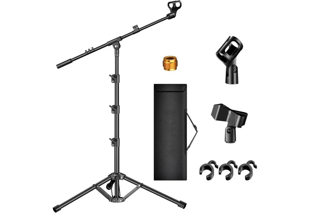 Vivitar Mikrofonständer mit Galgenarm und Tragetasche – Stabiles Stativ aus Stahl, 107–174 cm, (Shure SM58, SM7B, Samson Q2U, HyperX QuadCast, AT2020 u. v. m., ideal für Gesang, Podcast, Studio & Bühne – kompatibel mit Blue Yeti), Höhenverstellbarer verstellbar 2 Mikrofonklammern 3/8"-5/8" Adapter