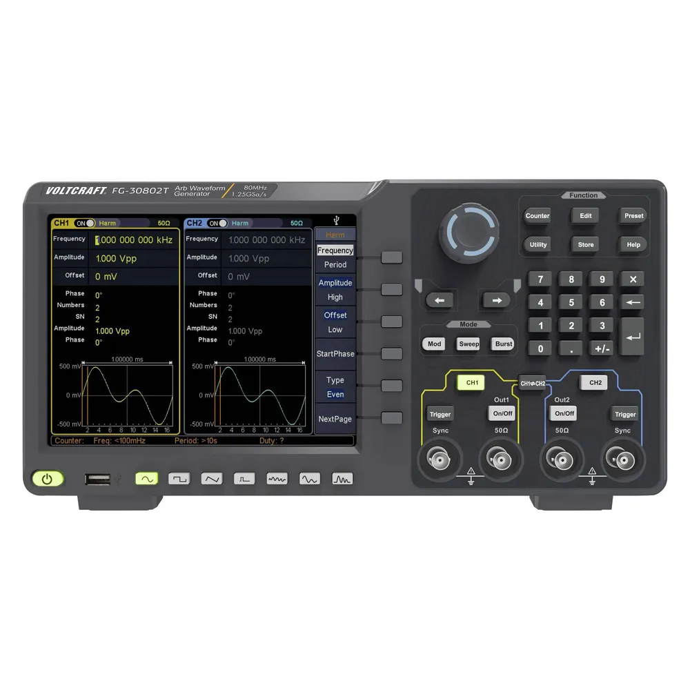 Voltcraft 80 MHz Zweikanal-Arbiträr-Signalgenerator mit Touchscreen-Bedienung