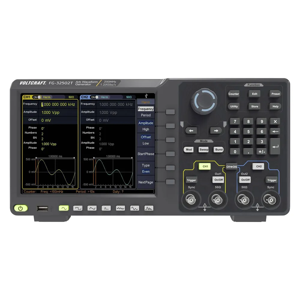 Voltcraft 250 MHz Zweikanal-Arbiträr-Signalgenerator mit Touchscreen-Bedienung