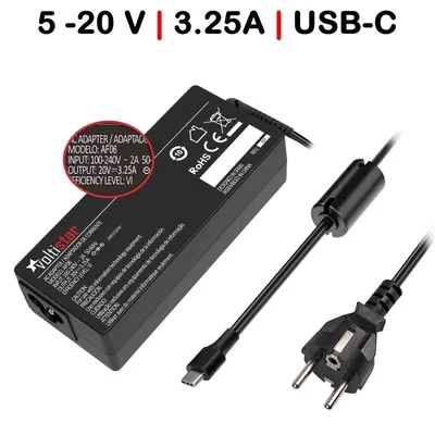 USB-C-Laptop-Ladegerät mit mehreren Spannungen, 5 V – 20 V, 3,25 A, 65 W, Schwarz