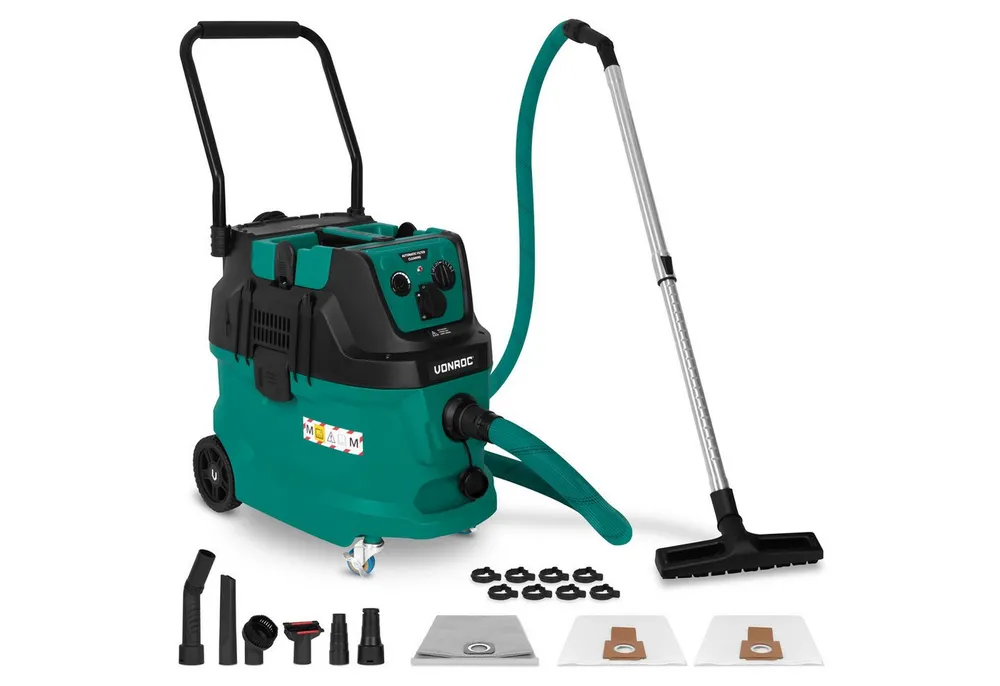 VONROC Nass-Trocken-Sauger – M-Klasse – 22 kPa – Automatische Filterreinigung (Pulsfunktion), 1600 W, beutellos, – HEPA H14 – 40L Tank – Antistatischer Schlauch Ø35 mm