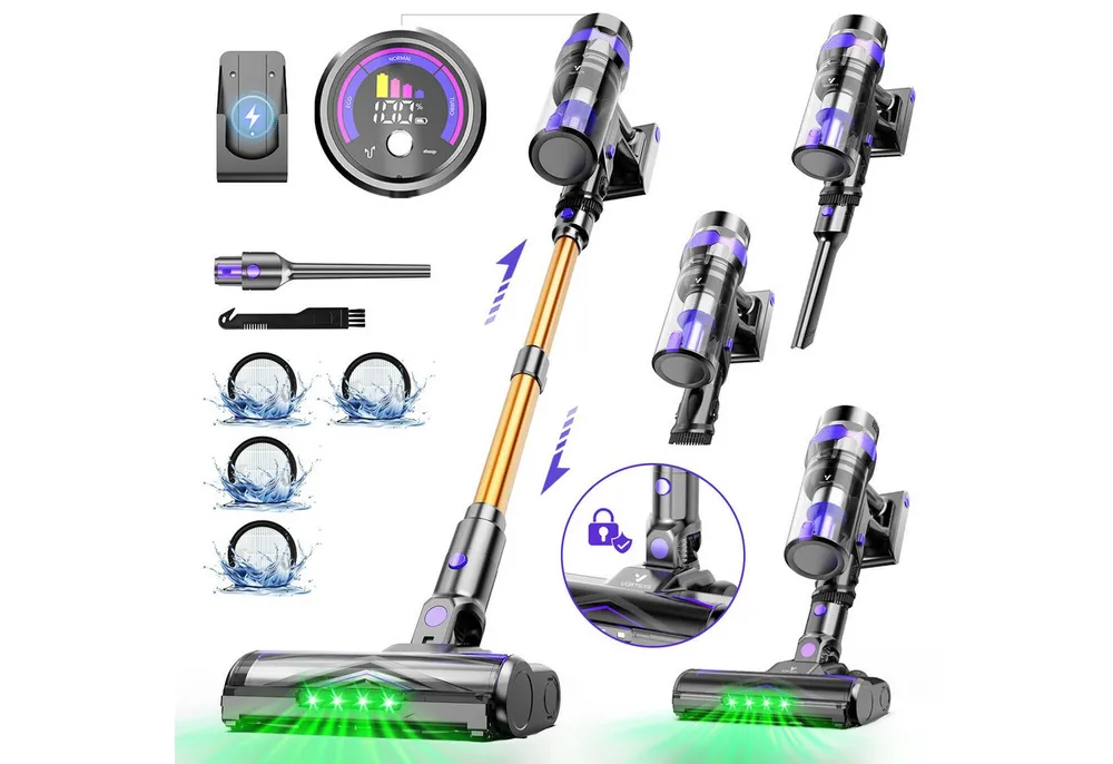 Vortisys Akku-Hand-und Stielstaubsauger Akku Staubsauger 80000Pa/500W/60Min, Staubsauger Kabellos, beutellos, Kabelloser Staubsauger mit LED Display, GreenEye-Technologie, HEPA-Filtersystem & Anti-Verfilzungs-Walzenbürste, Für Böden,Teppich,Tierhaare