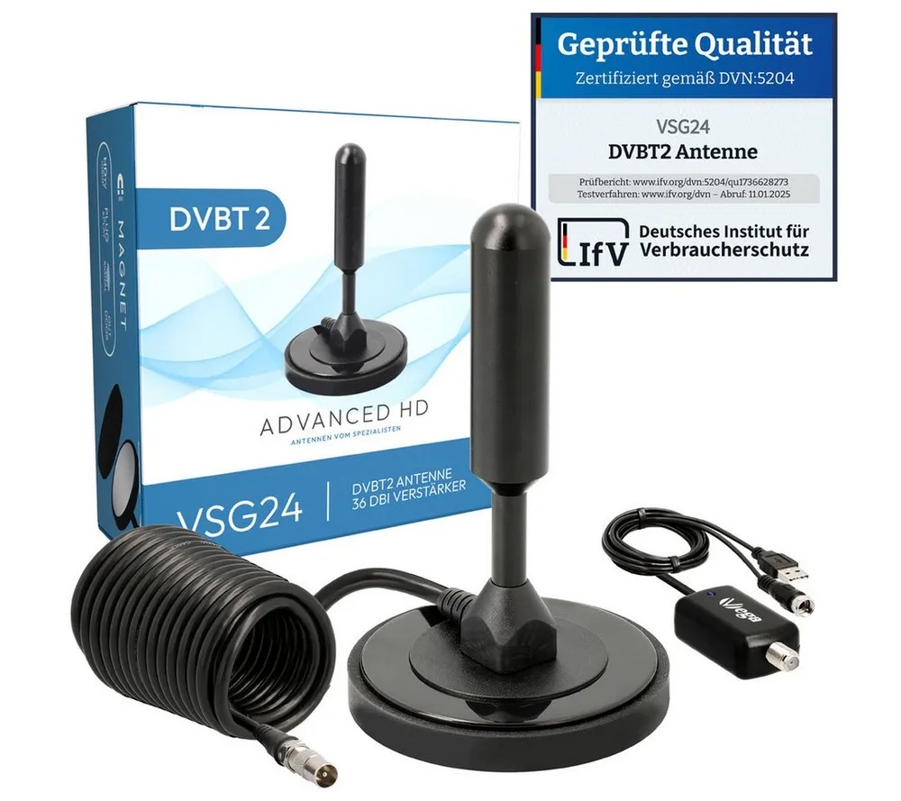 VSG24 DVBT2 HDTV Antenne ADVANCED HD mit 36Dbi Verstärker - Leistungsstarke Innenantenne (DVBT2 HD), 1021