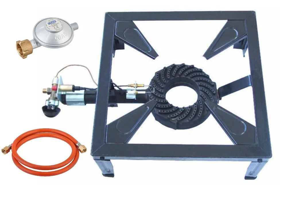 Wehmann Gaskocher 10,5 KW Profi 4 Fuß Hockerkocher, mit Gasschlauch und Druckregler 120 kg Belastbarkeit