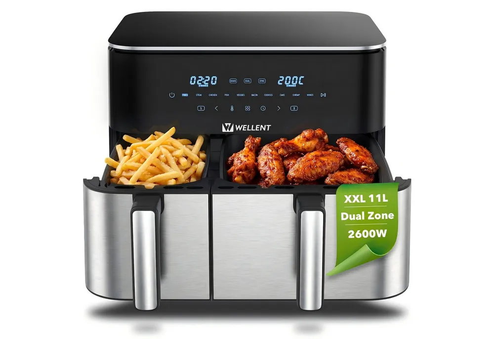 WELLENT Heißluftfritteuse 2 kammern,XXL Airfryer,10-in-1 LED-Touchscreen,energie-&zeitsparend, 2600 W, Antihaft-Metallkörbe, fettarmes gesundes Kochen für Familie&Party
