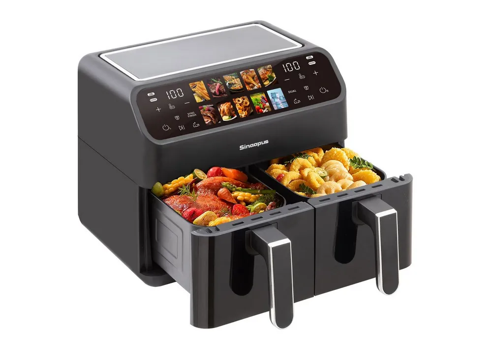 WHEELYOU Heißluftfritteuse 10L XXL, Dual-Zone Airfryer 2000W mit 2×5L Körben & 10 Programmen, 2000 W, Doppelkammer-Fritteuse mit LED-Touchdisplay, Timer & 80–200 °C