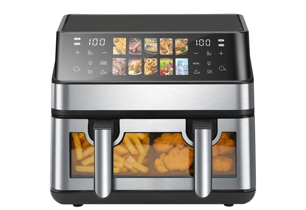 WHEELYOU Heißluftfritteuse 9L, 2000W Airfryer mit Doppel-/Einzelkammer, Sichtfenster & 12 Programmen, 2000 W, 9L Airfryer mit Touchscreen, 360° Heißluft und 12 Programmen