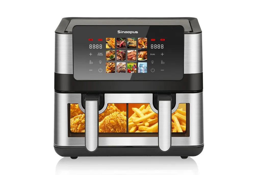 WHEELYOU Heißluftfritteuse 9L, 2000W Dual Airfryer mit 2×4,5L Körben, Sichtfenster & 10 Programmen, 2000 W, Doppelkammer-Fritteuse mit 360° Heißluft und Touchscreen