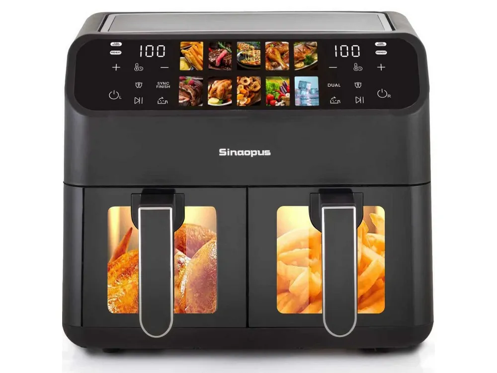 WHEELYOU Heißluftfritteuse 9L, 2200W Doppelkammer-Airfryer mit Sichtfenster, Touchdisplay & 10 Programmen, 2200 W, XXL Airfryer mit Doppel-/Einzelkammer, 360° Heißluft und 50–200 °C