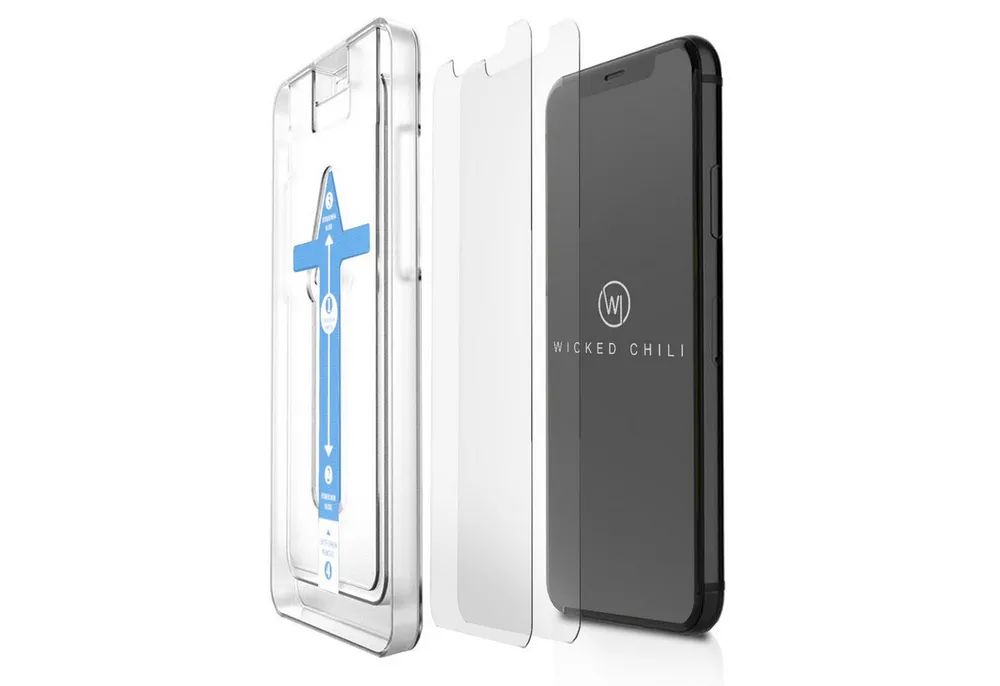 Wicked Chili Schutzfolie 2x Panzerglas Schutzglas für iPhone 11 Pro Max / XS Max, (2er Set, 2-St., Dust-Absorber), Einfache Installation / Mit Positionierhilfe / 100% Transparent