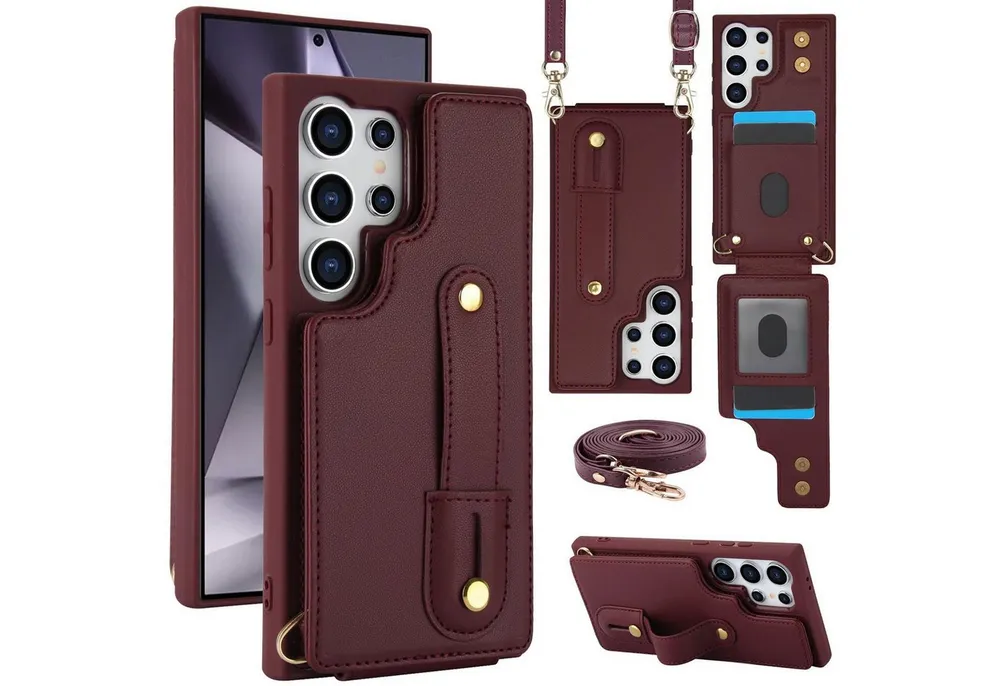 Wigento Handyhülle Fliphülle für Samsung Galaxy S26 Ultra Kartenfach Umhängeband Weinrot 6,9 Zoll, Kartenfächer, Handband, Umhängeband