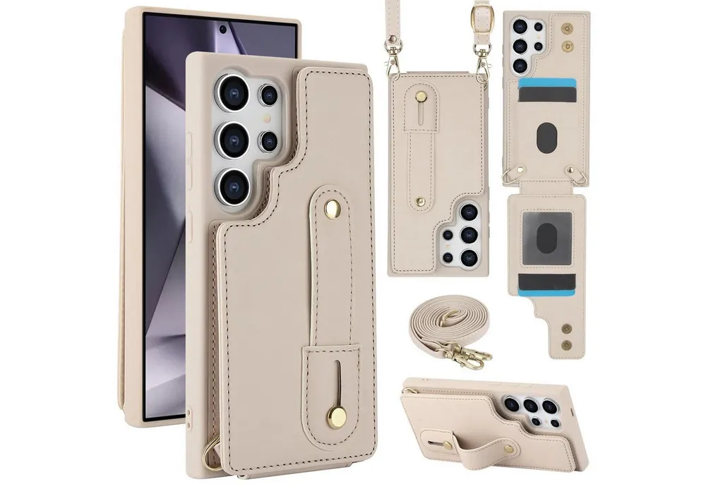 Wigento Handyhülle Fliphülle für Samsung Galaxy S26 Ultra Kartenfach Umhängeband Weiß 6,9 Zoll, Kartenfächer, Handband, Umhängeband