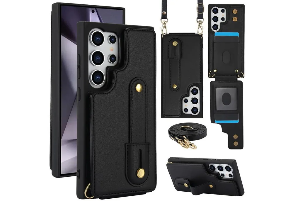 Wigento Handyhülle Fliphülle für Samsung Galaxy S26 Ultra Kartenfach Umhängeband Schwarz 6,9 Zoll, Kartenfächer, Handband, Umhängeband
