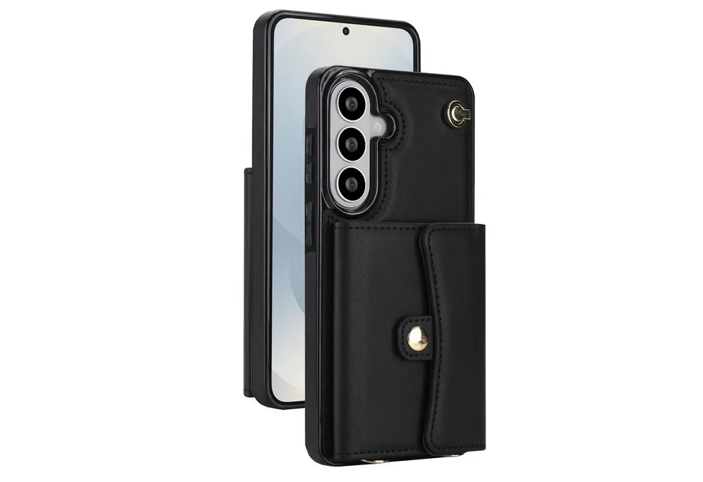 Wigento Handyhülle Fliphülle für Samsung Galaxy S26 Kartenfach Umhängeband Schwarz 6,3 Zoll, RFID Schutz, Kartenfach, Umhängeband