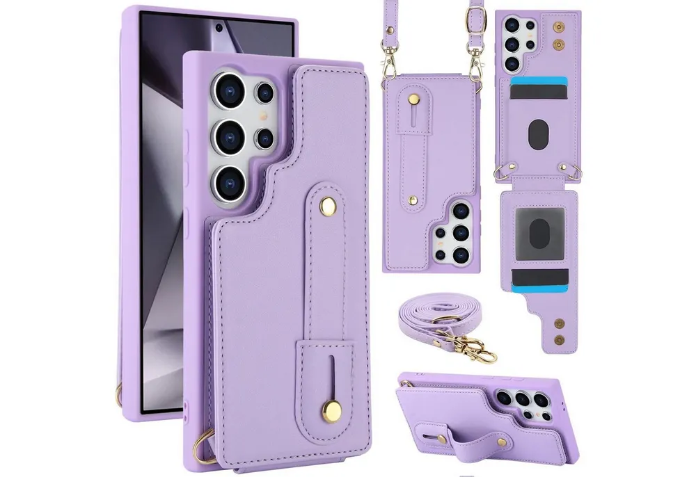 Wigento Handyhülle Fliphülle für Samsung Galaxy S26 Ultra Kartenfach Umhängeband Lila 6,9 Zoll, Kartenfächer, Handband, Umhängeband