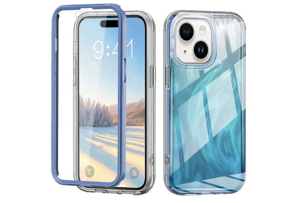 Wigento Handyhülle Für Apple iPhone 15 Plus Feder Design Bumper TPU Schutz Hülle Blau