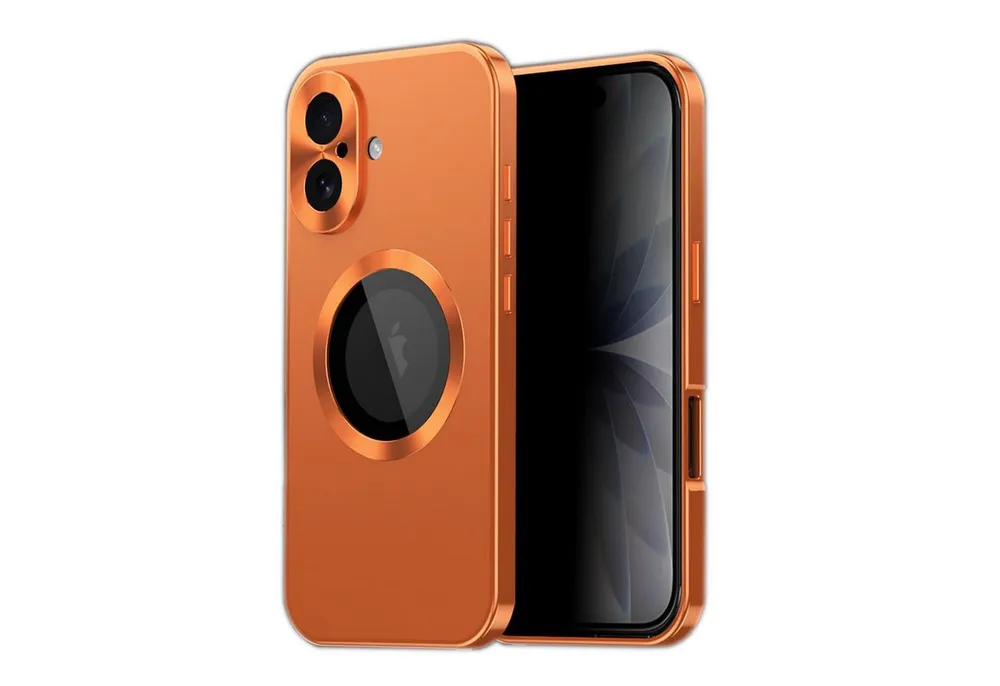 Wigento Handyhülle Für Apple iPhone 17 Full Cover MagSafe Hülle Metallrahmen Orange, Magnetverschluss, MagSafe-kompatibel, stoßfest, präzise Aussparungen