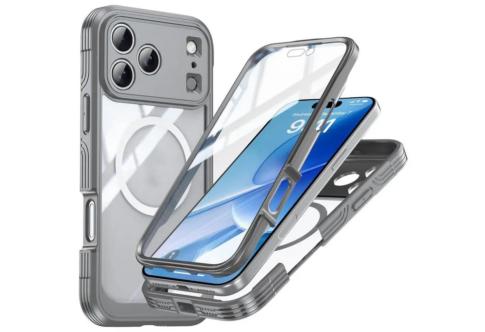 Wigento Handyhülle Für Apple iPhone 17 Pro Max MagSafe Full Hybrid Tasche Bumper Grau, Full Body, MagSafe-Unterstützung, präzise Passform