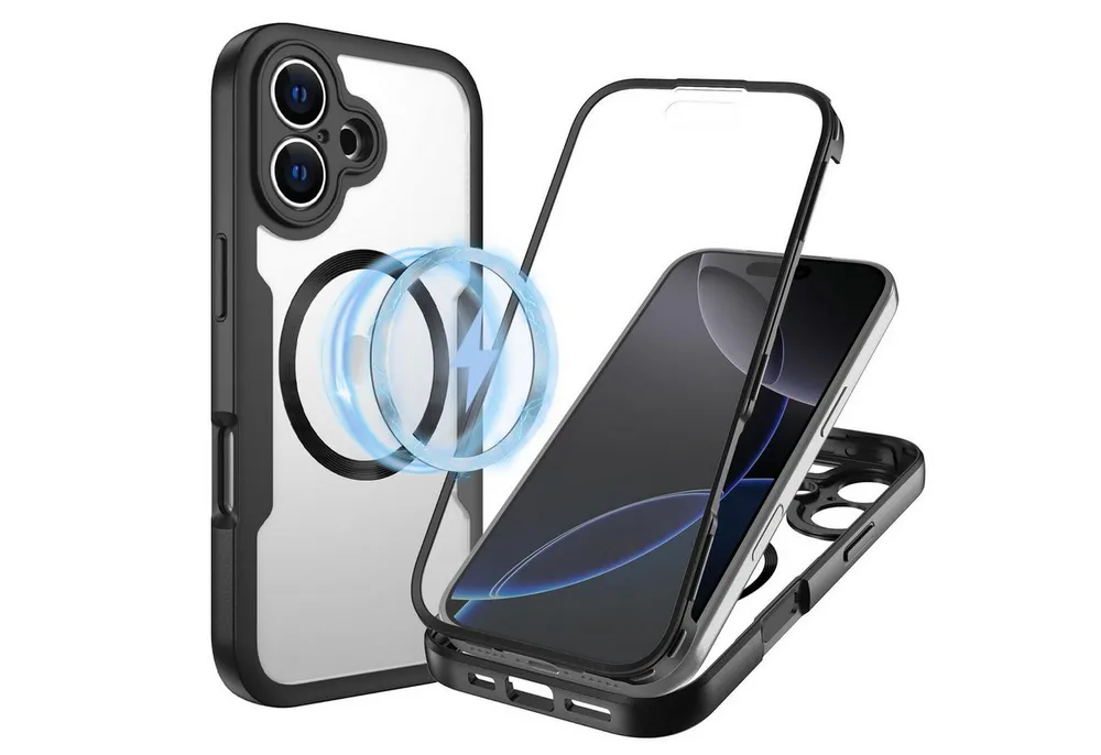 Wigento Handyhülle Für Apple iPhone 17 MagSafe Ring Full Body 360 Grad TPU Hülle Schwarz, MagSafe 360 Grad Schutz Schutz Hülle