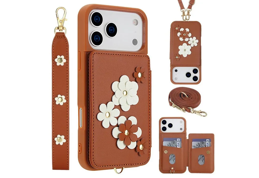 Wigento Handyhülle Für Apple iPhone 17 Pro Crossbody Kunstleder Blumenmotiv Hülle Braun, Mit Kartenfächern, Gurt, Kickstand-Funktion
