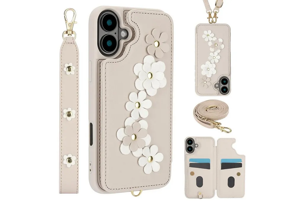Wigento Handyhülle Für Apple iPhone 17 Hülle Crossbody Kunstleder mit Blumenmuster Weiß, Mit Kartenfächern, Gurt, Kickstand-Funktion