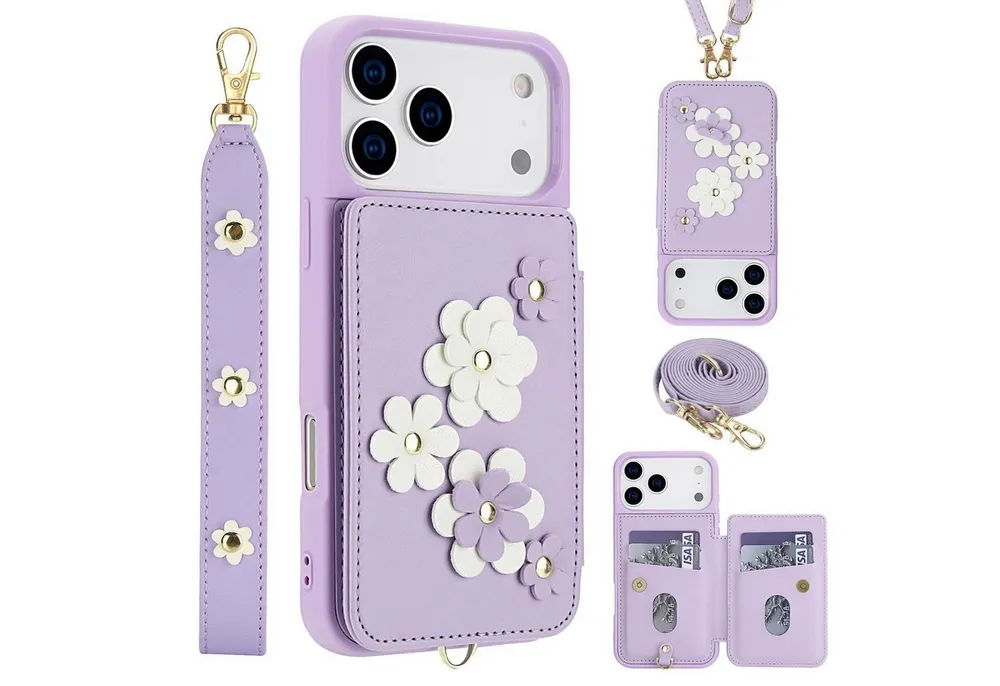 Wigento Handyhülle Für Apple iPhone 17 Pro Max Crossbody Kunstleder Blumen Hülle Lila, Mit Kartenfächern, Gurt, Kickstand-Funktion