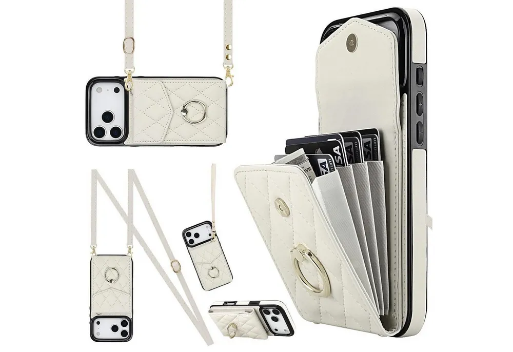 Wigento Handyhülle Für Apple iPhone 17 Pro Max Crossbody Kunstleder Rhombic Hülle Weiß, Mit Kartenfächern, RFID-Schutz, Gurt