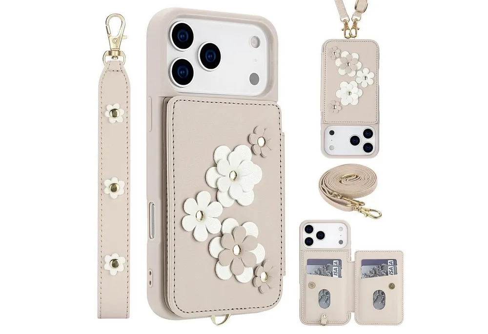 Wigento Handyhülle Für Apple iPhone 17 Pro Max Crossbody Kunstleder Blumen Hülle Weiß, Mit Kartenfächern, Gurt, Kickstand-Funktion